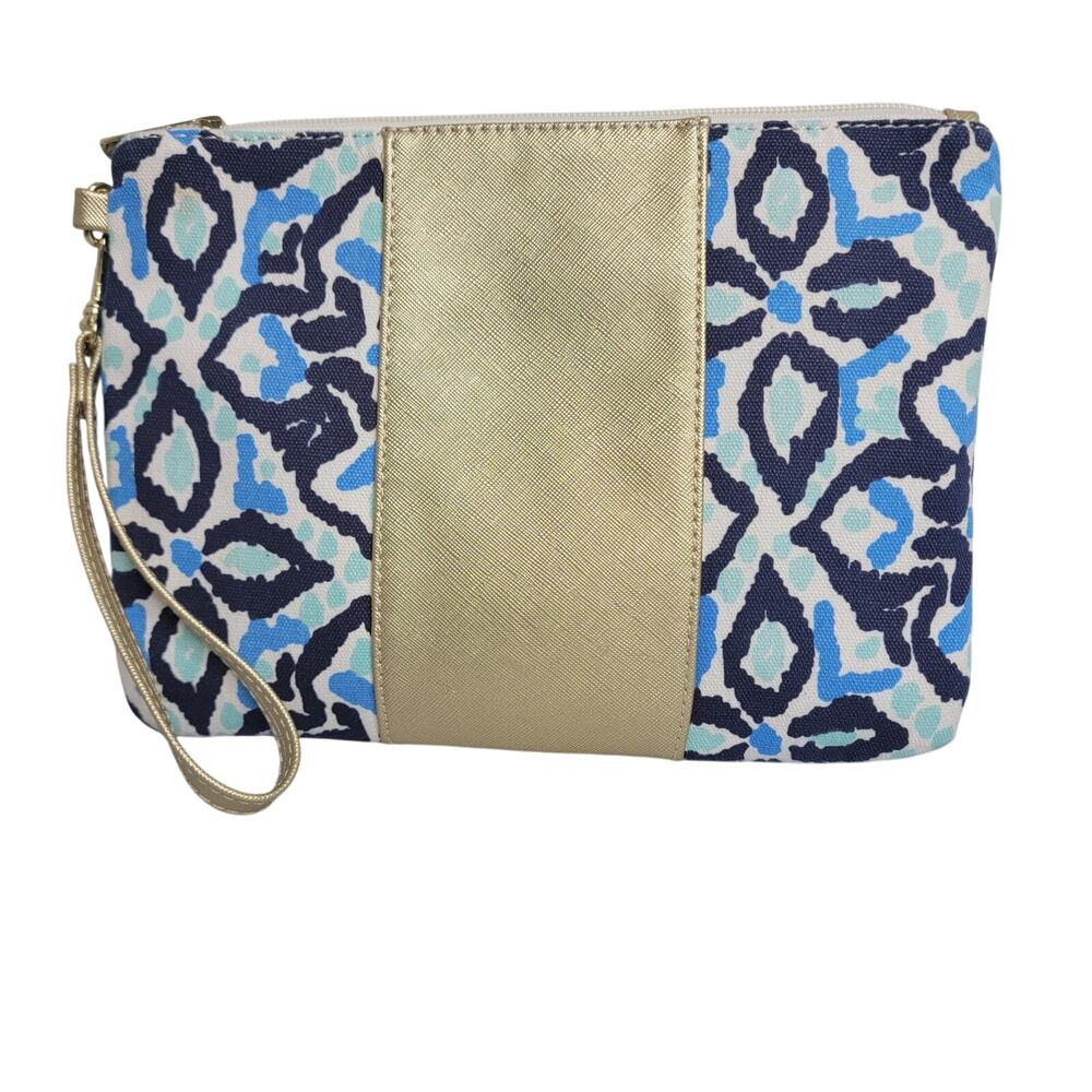 Blue Gold Wristlet Makeup Bag Zip Cosmetic Pouch Viv & Lou NWOT